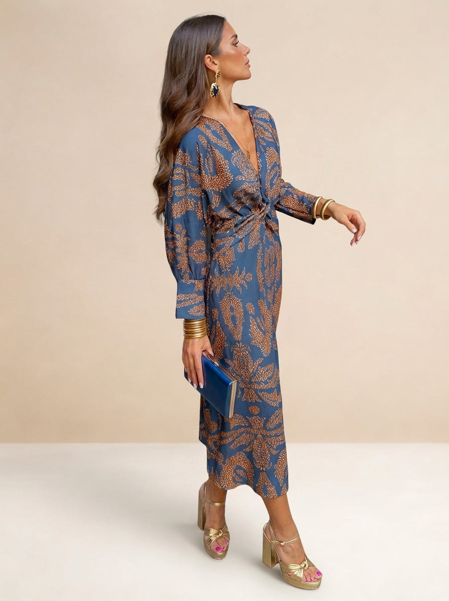 Isadora – Vestido Midi Elegante con Estampado de Encanto Atemporal