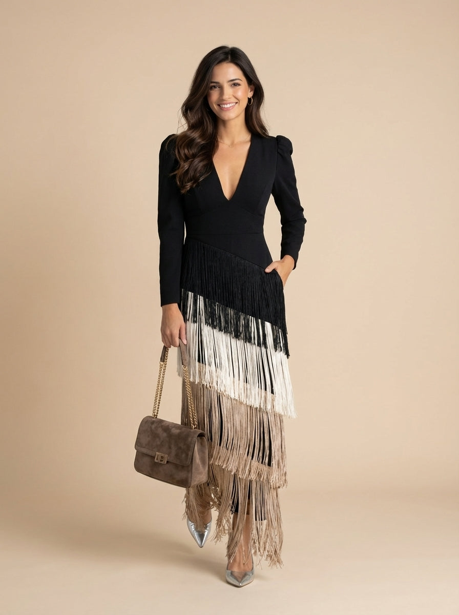 Clara · Vestido elegante con mangas de flecos